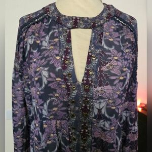 Boho Floral Long Sleeve Blouse with Keyhole Detail